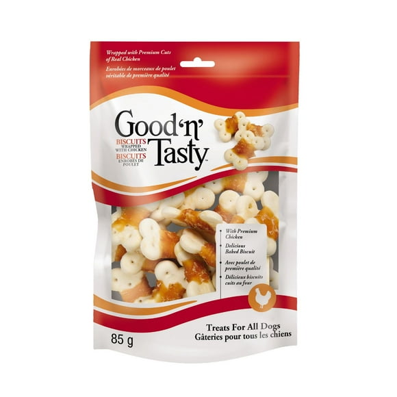 Good ‘n’ Tasty biscuits wrapped with chicken, 85g, low in fat treats for dogs of all sizes!