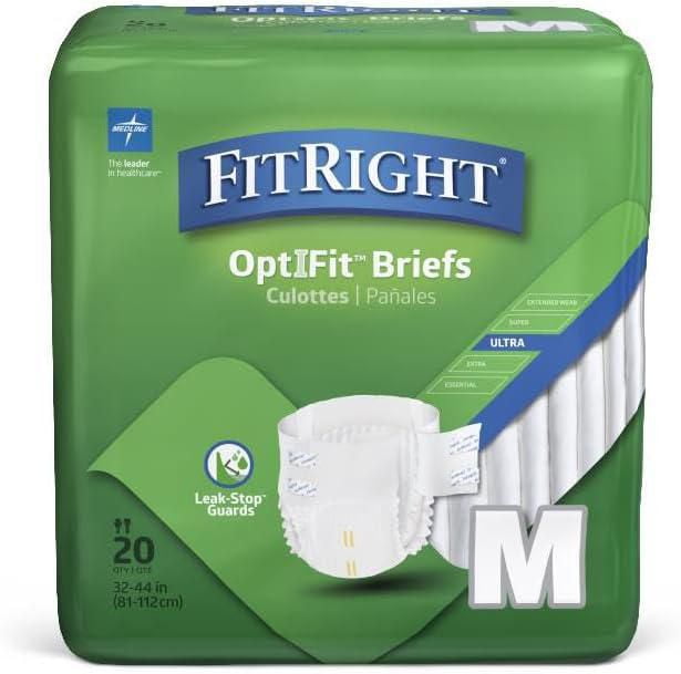 FitRight Ultra Adult Incontinence Briefs, Size M, for Waist Size 32"-44", Bag of 20