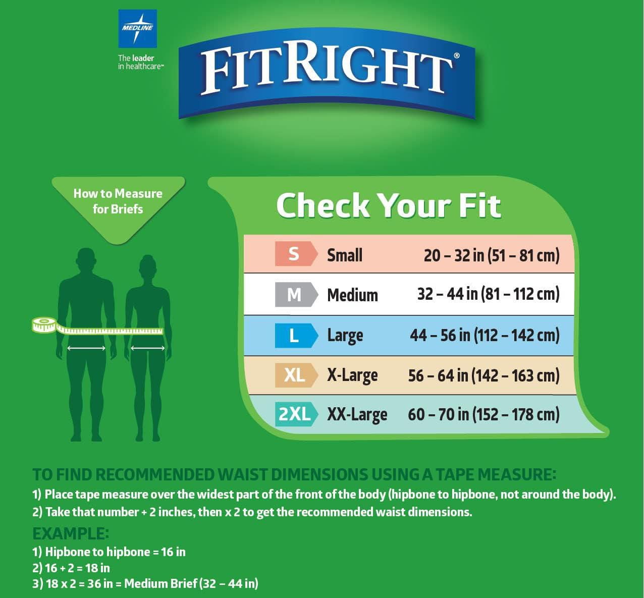 FitRight Ultra Adult Incontinence Briefs, Size M, for Waist Size 32"-44", Bag of 20