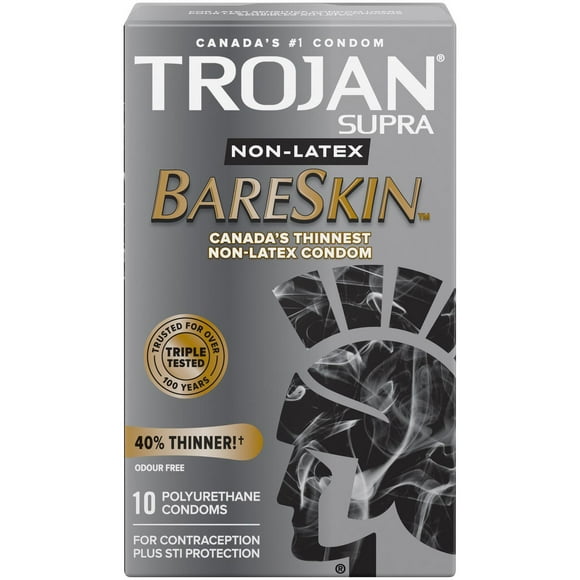 Trojan BareSkin Supra Non-Latex Condoms, Super Thin & Sensitive, 10 Polyurethane Condoms