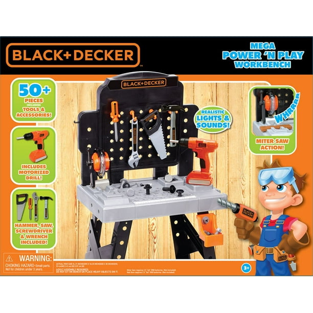 Atelier d'outils électriques BLACK + DECKER - Établi de jeu pour enfants  avec perceuse, scie à onglet et lampe de poche fonctionnelle - Construisez  votre propre boîte à outils - 75 outils