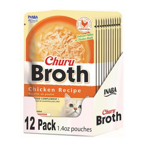 Bouillon Churu INABA pour chats, bouillon crémeux à la vitamine E ajouté avec accompagnement de poulet râpé, sachet de 40 g/sachet, 12 sachets (12 x 40 g), recette au poulet