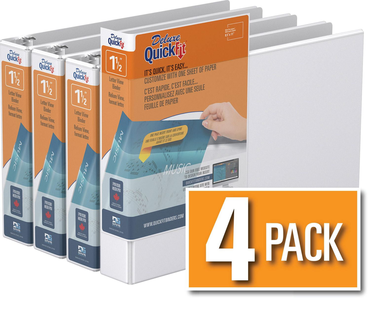 QuickFit 8.5 x 11 Spreadsheet View Binder, 4 Pack (White 1.5