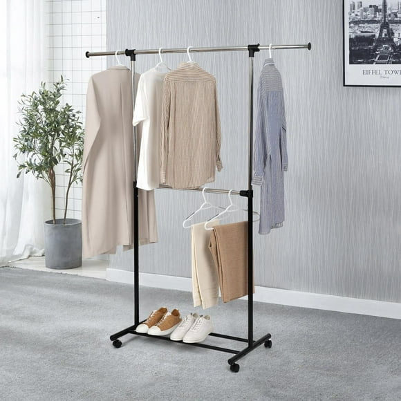 MAINSTAYS 2 Tier Adjustable Garment Rack, Expandable top hanging bar, Sturdy structure and easy assemble, Smooth-rolling wheels for easy mobility, Adjustable 2-Rod Garment Rack - Rolling Clothes Organizer - Black and Chrome;<br>Item size:36.25-62in.Wx19.25in.DX70.75in.H