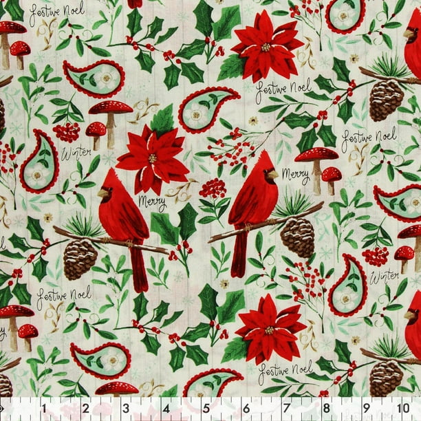 Fabric Creations White Cardinal Christmas Cotton Fabric by the Metre ...