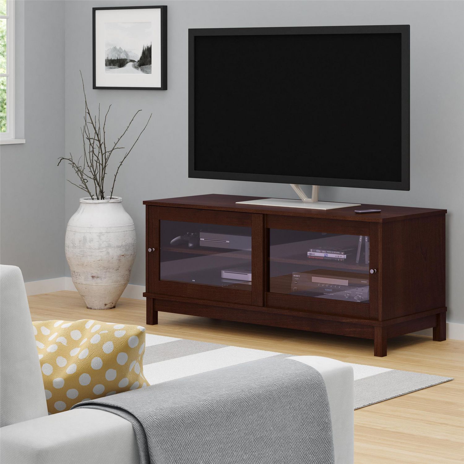 TV Stand with Sliding Glass Doors for TVs up to 55", Dark Cherry