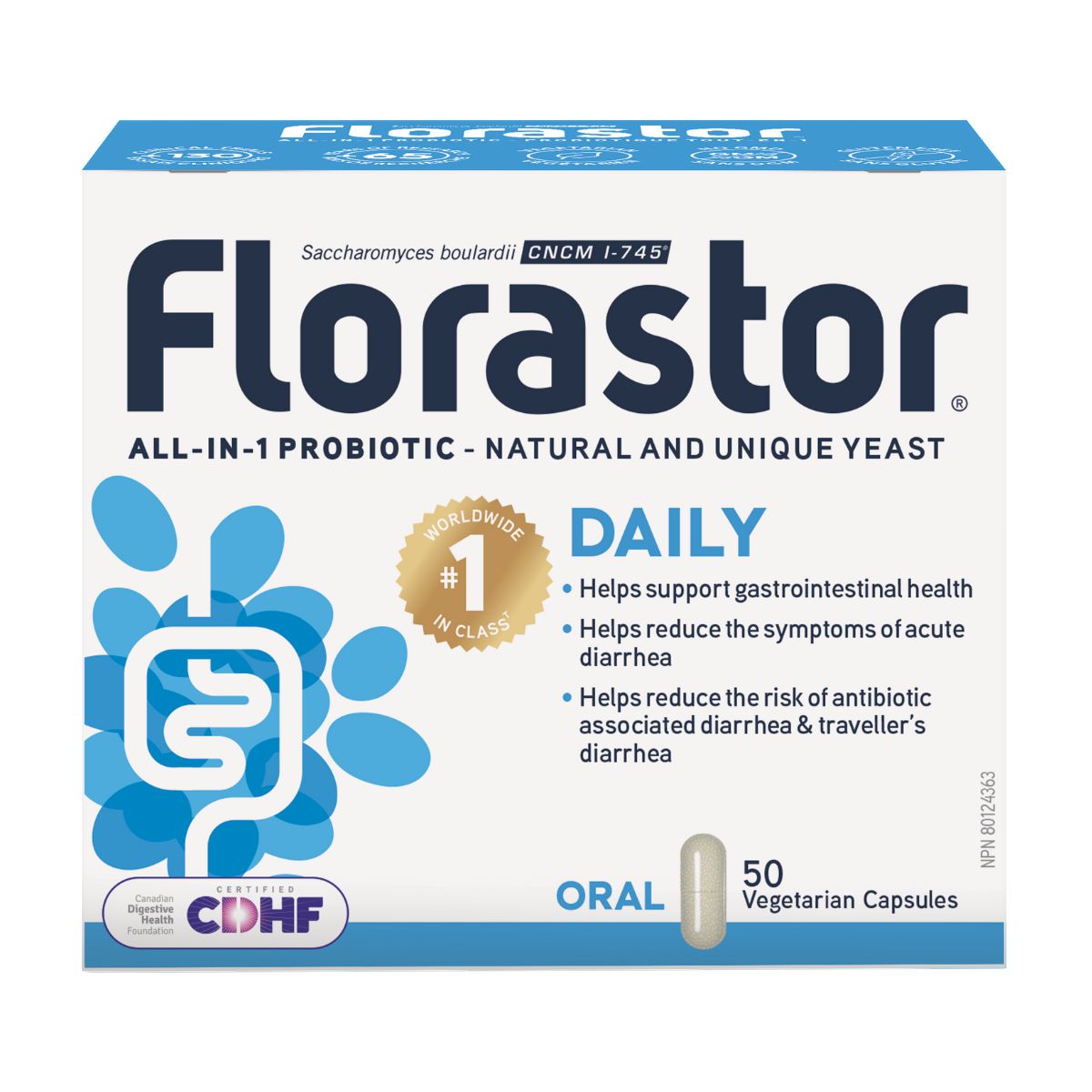 Florastor Daily Probiotic Supplement for Digestive Health, 50 Capsules