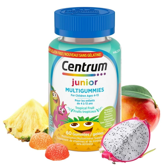 Centrum Junior MultiGummies Tropical Fruit Multivitamin and Multimineral Supplement, Pineapple-Mango, Dragonfruit, and Passionfruit Flavours