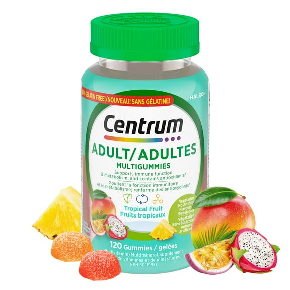 Centrum Adult MultiGummies Tropical Fruit Multivitamin and Multimineral Supplement, Pineapple-Mango, Dragonfruit, and Passionfruit Flavours