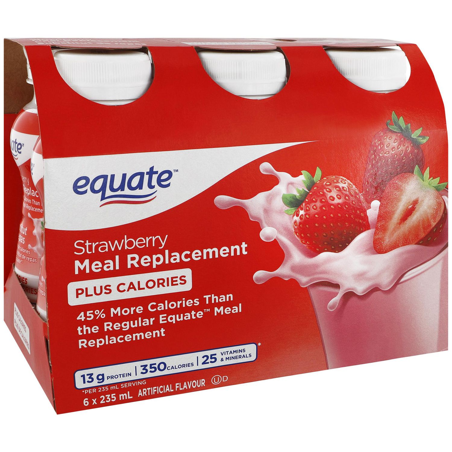 Equate Plus Calories Substitut de Repas à la Fraise Prêt à Boire shake Nutritionnel, Lot de six Bouteilles en Plastique de 235 ml; Étiquette Saveur Fraise, Chaque Bouteille Énumère 350 Calories, 13 g de Protéines et 25 Vitamines et Minéraux, Casher, Fabriqué au Canada, Souvent Utilisé comme option de Calories pour Emporter.