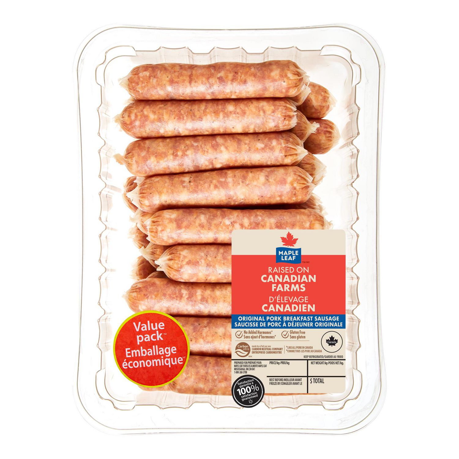 Maple Leaf Original Pork Breakfast Sausage, 26 Sausages, Value Pack