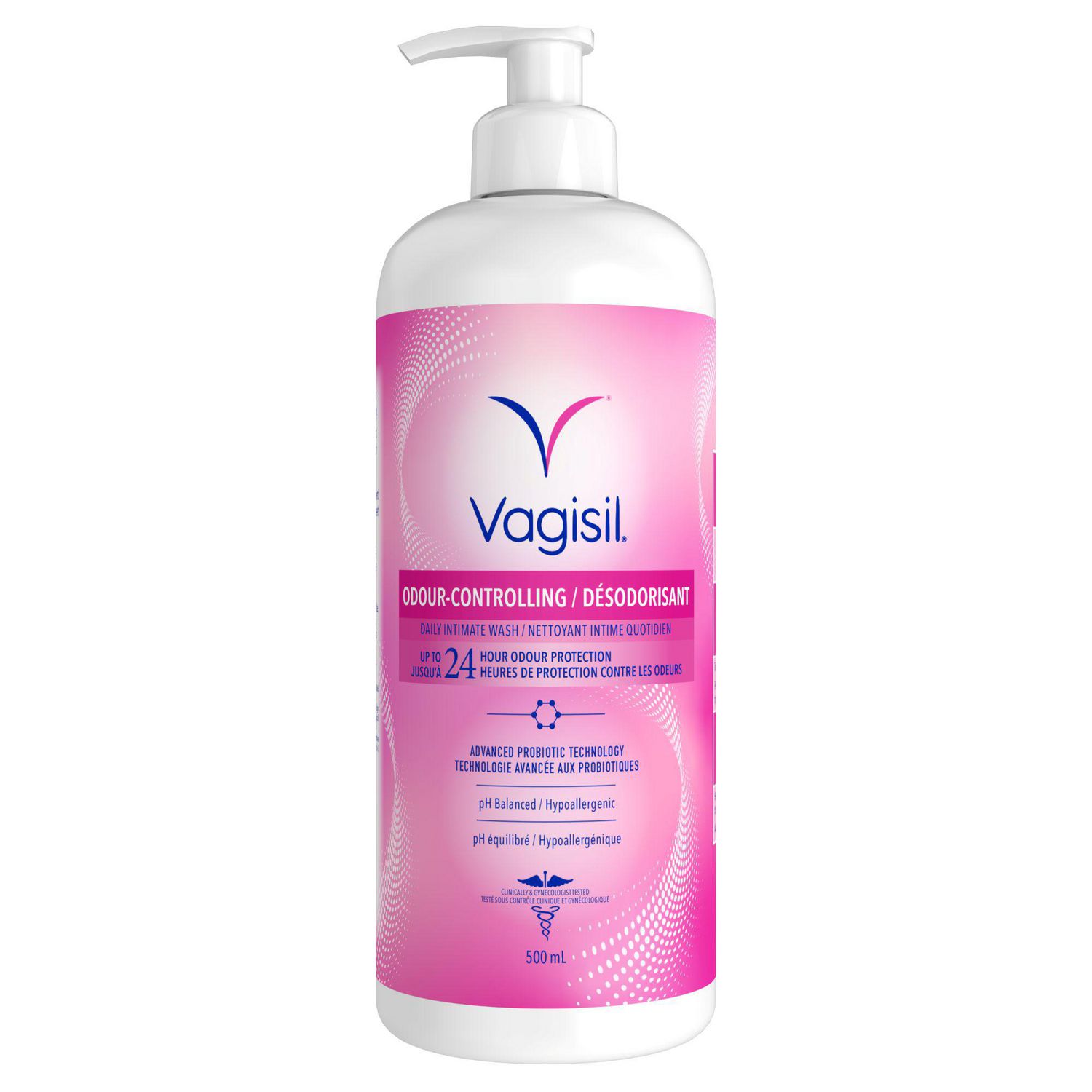 Bouteille Compressible Orientée vers l'Avant avec Vagisil, Contrôle des Odeurs, Étiquette Blanche et Bleu Doux Montrant la Marque Vagisil et les Inscriptions « Triple Protection contre les Odeurs » et « Protection contre les Odeurs jusqu'à 24 H », Formule au pH Équilibré avec Camomille Naturelle sur Fond Blanc Uni; Utilisée Souvent comme Lavage Externe Doux pour le Dessous et Parfois pour Rafraîchir les Aisselles.