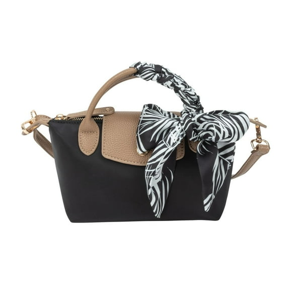 Sac à main mini satchel Time & Tru, noir et beige, design léger avec foulard amovible à imprimé feuilles, bandoulière réglable, poche intérieure zippée