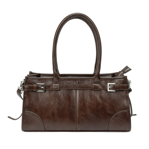 Time & Tru Slim Satchel Handbag, Oil-Waxed Faux Leather, Top Handles with Removable Adjustable Strap, Inner Zipper Pocket, Top Zipper Closure, Coffee