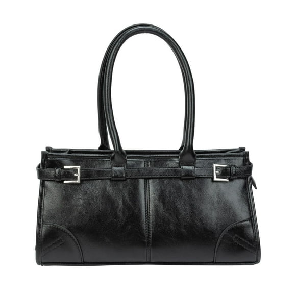 Time & Tru Slim Satchel Handbag, Oil-Waxed Faux Leather, Top Handles with Removable Adjustable Strap, Inner Zipper Pocket, Top Zipper Closure, Black