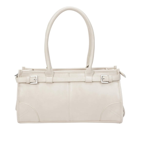 Time & Tru Slim Satchel Handbag, Oil-Waxed Faux Leather, Top Handles with Removable Adjustable Strap, Inner Zipper Pocket, Top Zipper Closure, Tan