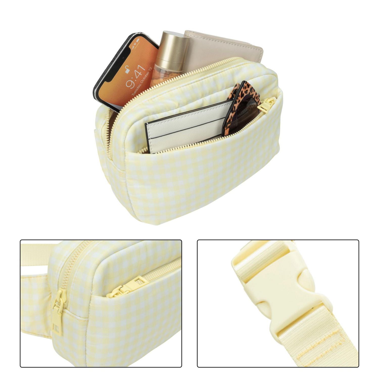 No Boundaries Athleisure Multi Pocket Belt Bag, Adjustable Strap with Buckle, Lightweight, Top and Front Zipper Pockets, Compact Design, Waxed Wing Gingham