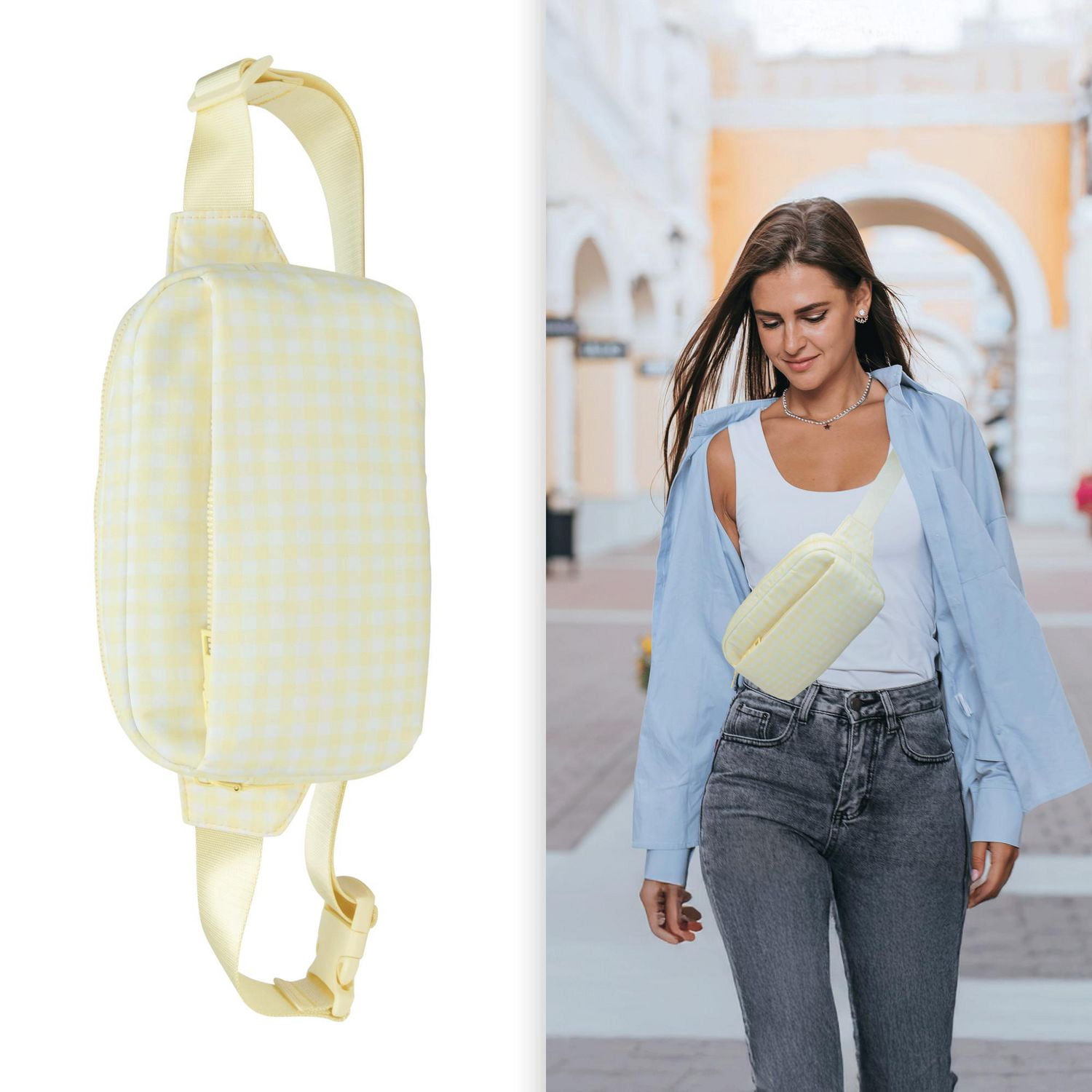 No Boundaries Athleisure Multi Pocket Belt Bag, Adjustable Strap with Buckle, Lightweight, Top and Front Zipper Pockets, Compact Design, Waxed Wing Gingham