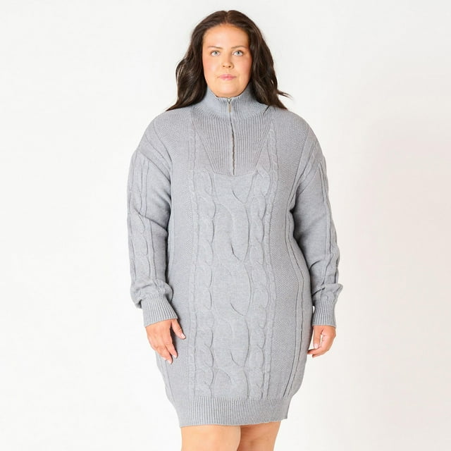 Devoted Women’s Plus size L/S Flat Collar cable knit sweater dress with zipper