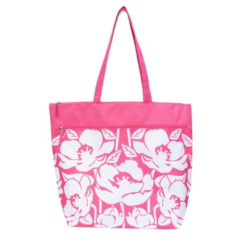 Time & Tru Mesh Tote Bag, Large Zipper Top Opening with Inner and Front Pockets, Washable Reusable Design with Shoulder Straps, Stylish Floral Print