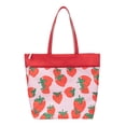thumbnail image 1 of Time & Tru Beach Tote Bag, Strawberry Print Design, Large Zipper Top Opening with Inner and Front Pockets, Washable Reusable Design with Shoulder Straps, 1 of 7