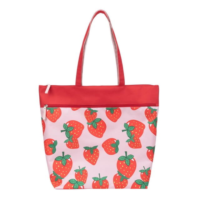 Time & Tru Beach Tote Bag, Strawberry Print Design, Large Zipper Top Opening with Inner and Front Pockets, Washable Reusable Design with Shoulder Straps