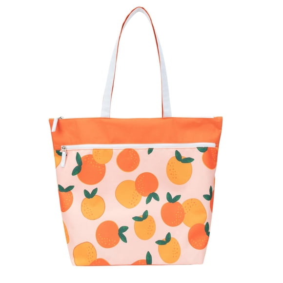 Time & Tru Beach Tote Bag, Orange Print Design, Large Zipper Top Opening with Inner and Front Pockets, Washable Reusable Design with Shoulder Straps