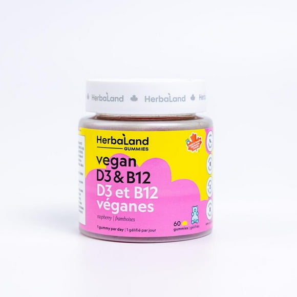 Herbaland Vegan D3 & B12 Gummies, 1000 IU | 850 mcg, 60 Count