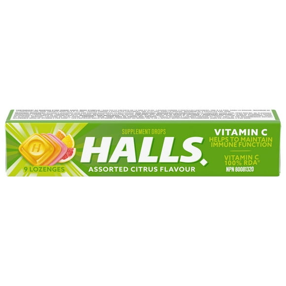 HALLS Vitamin C Assorted Citrus, Supplement Drops, HALLS, Vitamine C, agrumes assortis, pastilles avec supplément