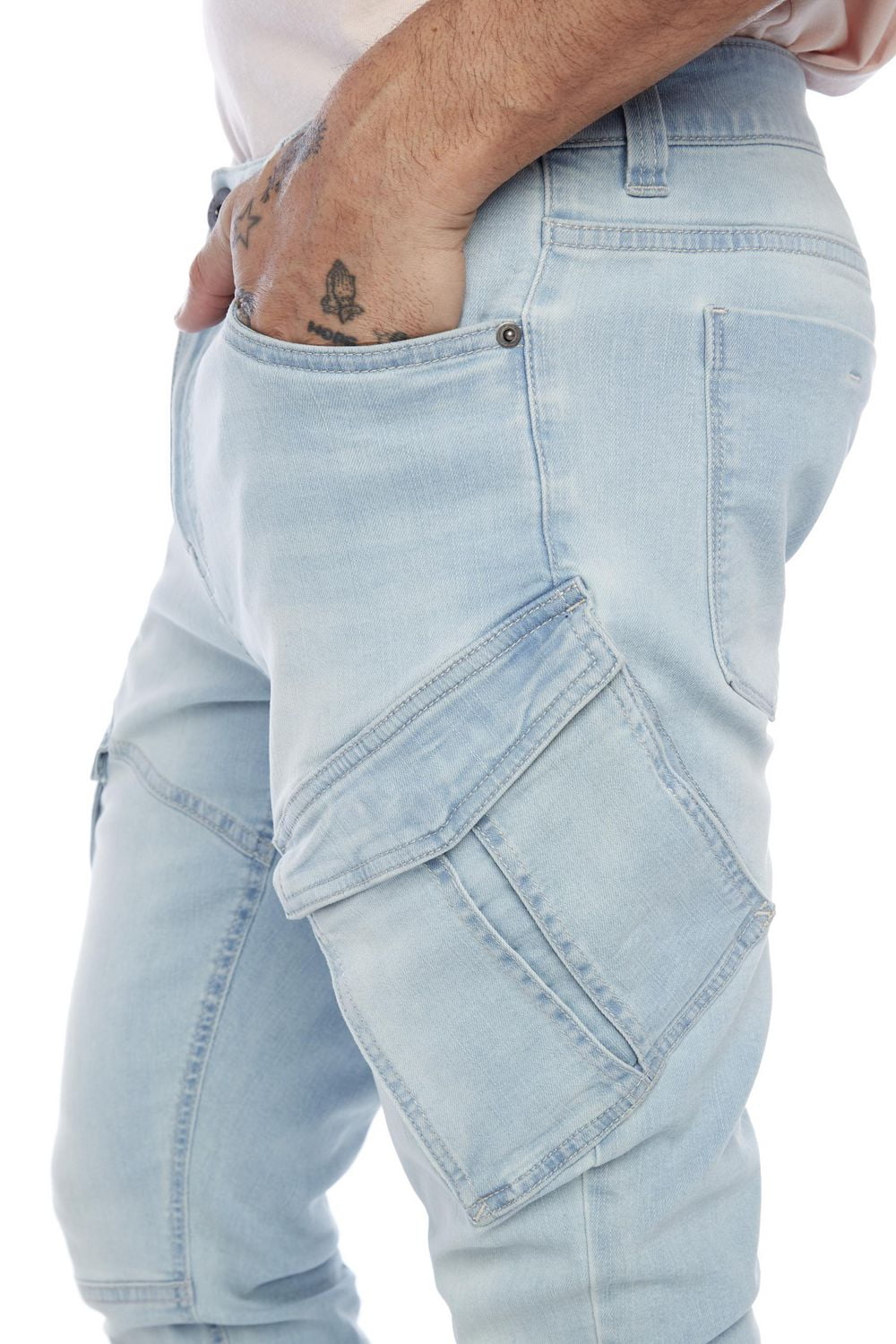 Jeaniologie ™Straight Fit Cargo Jeans - Blue Bleach