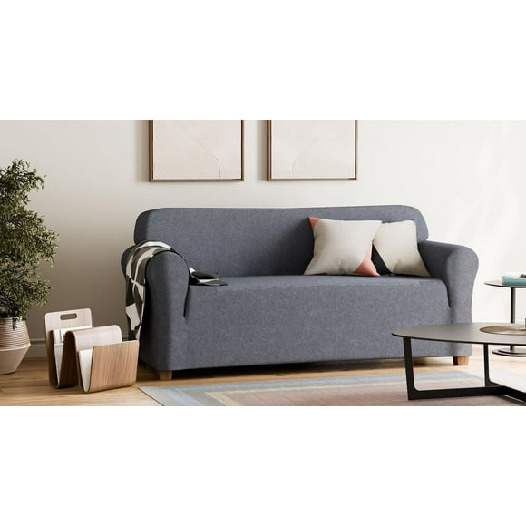 SmartFit Chenille Stretch Sofa Recycled Fabric Slipcover with Performance Fabric, 1-Piece Furniture Cover, Blue, Fabric slipcover