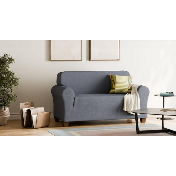 SmartFit Chenille Stretch Loveseat Recycled Fabric Slipcover with Performance Fabric, 1-Piece Furniture Cover, Blue, Fabric slipcover