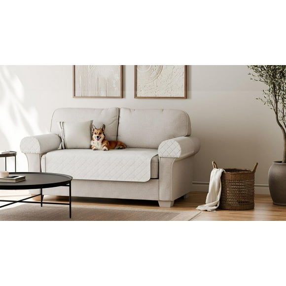 SmartFit Waterproof Faux Sherpa Fabric Loveseat Furniture Cover, 3-Piece, Cream, Fabric slipcover