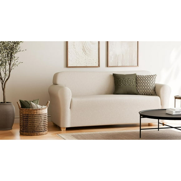 SmartFit Boucle Stretch Sofa Recycled Fabric Slipcover with Performance Fabric, 1-Piece Furniture Cover, Tan, Fabric slipcover