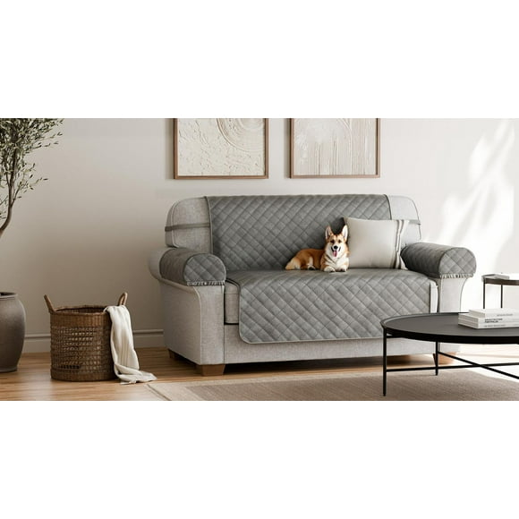 SmartFit Plush Fabric Loveseat Furniture Cover, 3-Piece, Grey, Fabric furniture cover