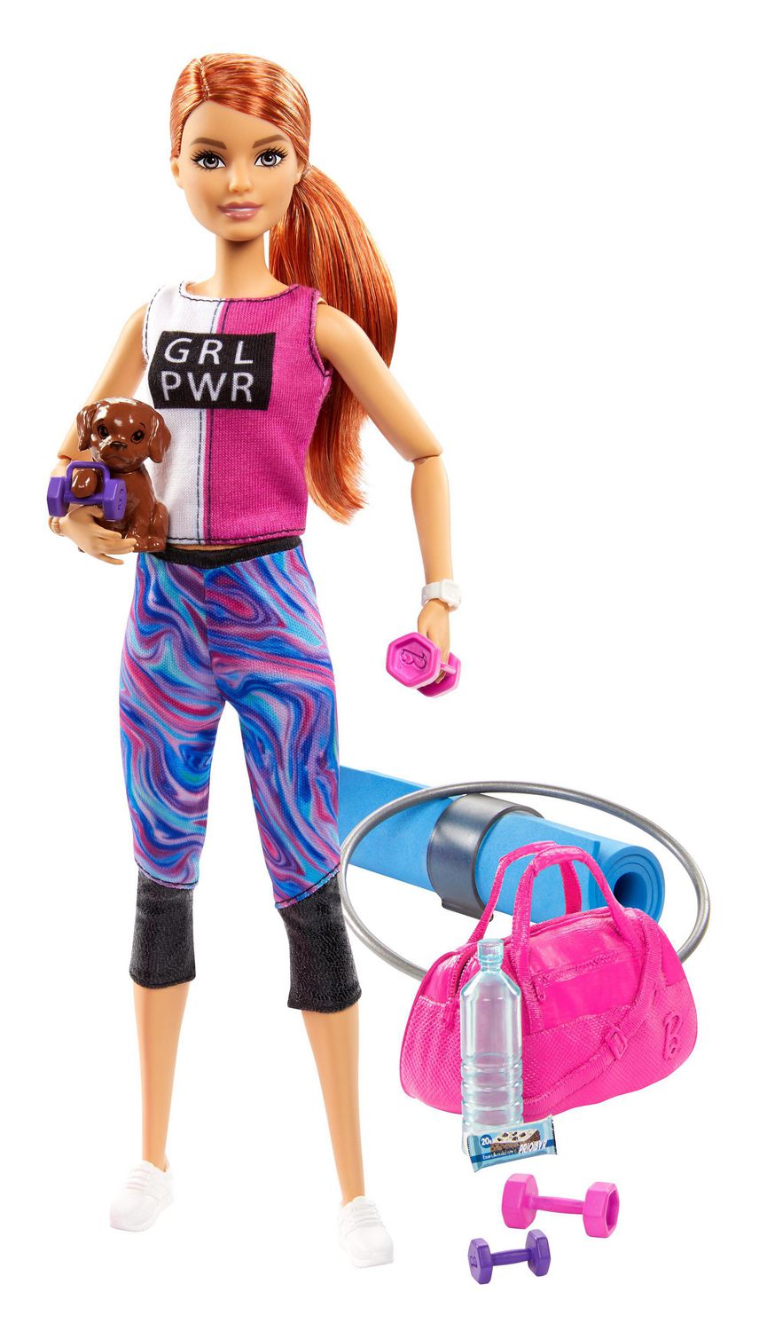Barbie Fitness Doll, Red-Haired, with Puppy and 9 Accessories 