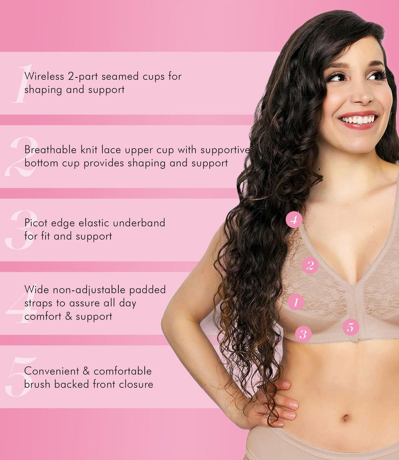 Exquisite Form #9600565 FULLY Soutien-gorge de posture à couverture complète, sans armature, fermeture sur le devant, dentelle Tailles 38B 46DD