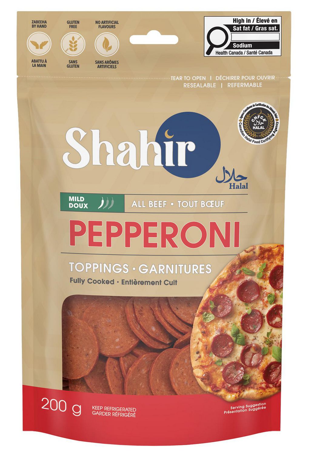 SHAHIR HALAL PEPPERONI TOPPING, HIGH PROTEIN, 100% beef & Zabeeha by hand