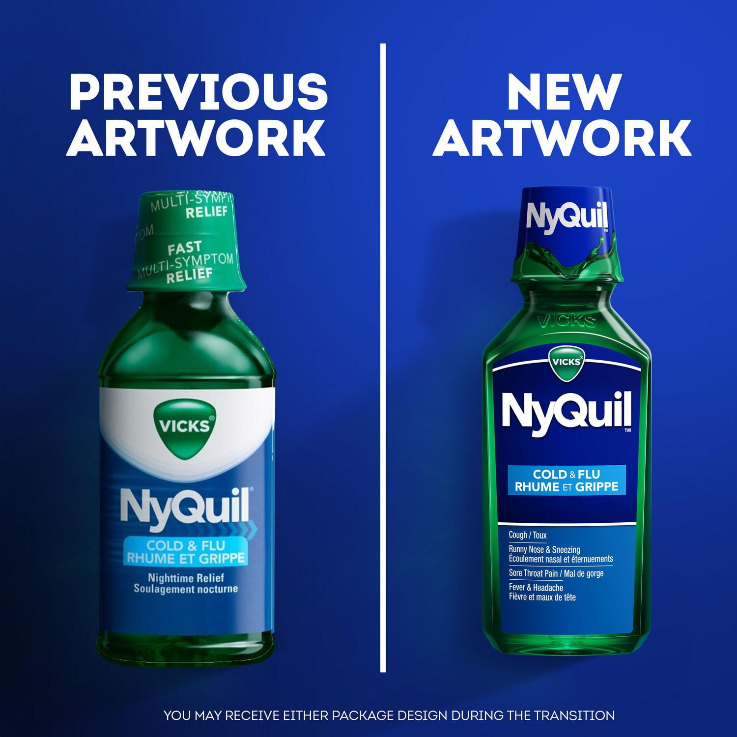 Vicks NyQuil rhume, grippe, soulagement nocturne, maux de tête, fièvre, mal de gorge, courbatures, douleurs mineures, écoulement nasal, toux
