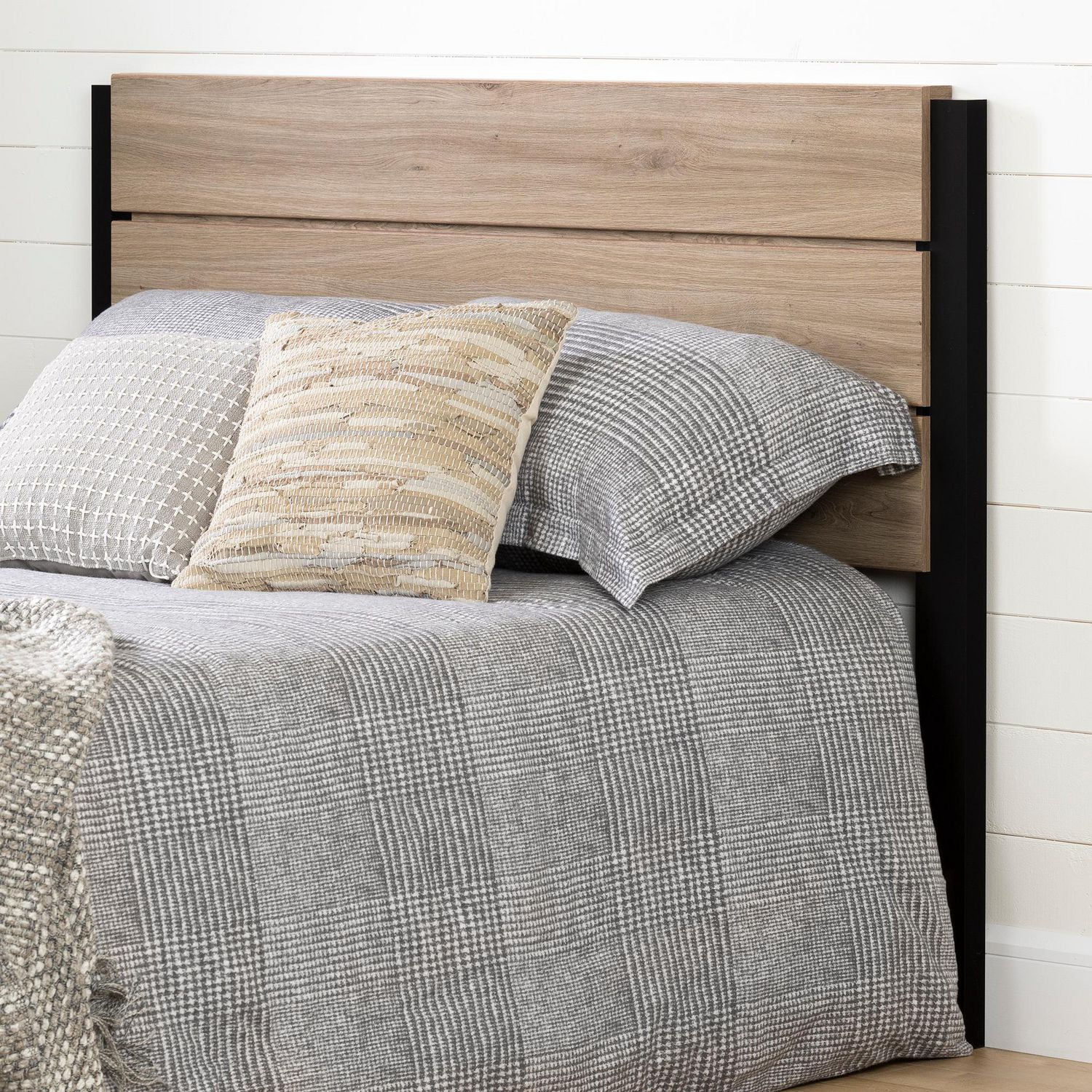 South Shore Induzy Industrial HeadboardFullRustic Oak and Matte Black