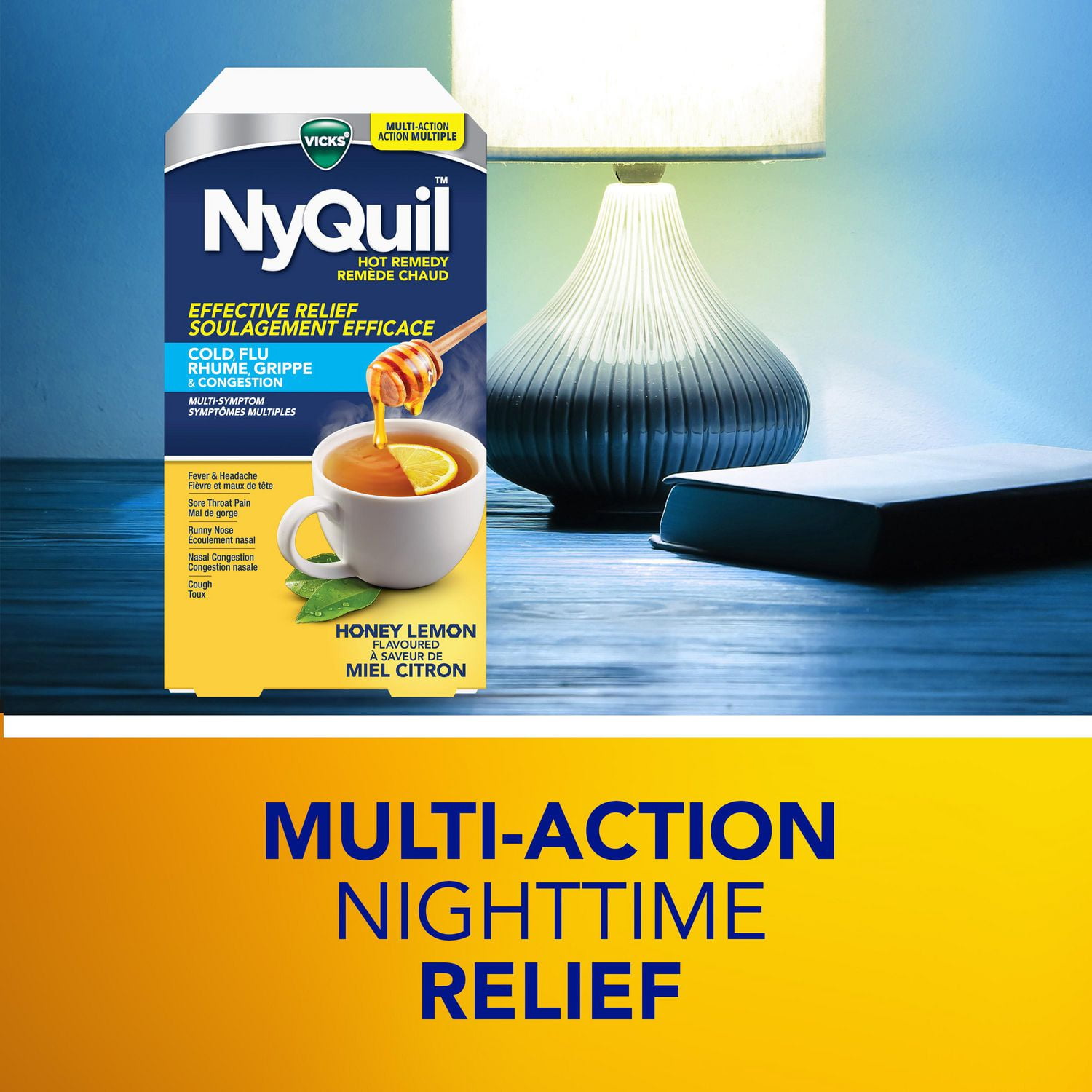 Remède chaud Nyquil, médicament contre le rhume, la grippe et la congestion, nuit, soulagement de la fièvre et des maux de tête, du mal de gorge, de la congestion nasale, de l’écoulement nasal et de la toux, action multiple, saveur miel citron, 8 sachets 8CT