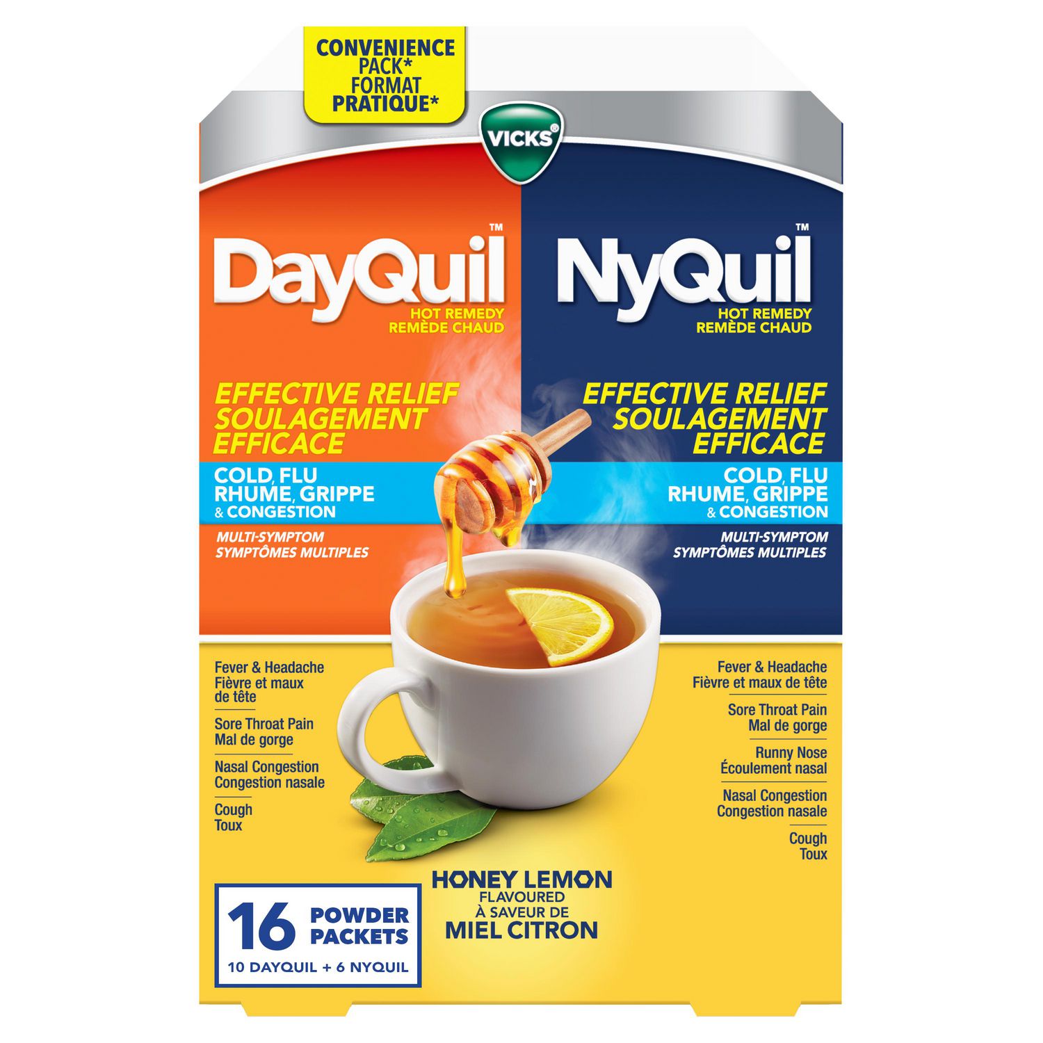 Remède chaud DayQuil/NyQuil, soulage les symptômes du rhume, grippe, congestion, format pratique, jour/nuit, soulage la fièvre, maux de tête, mal de gorge, congestion nasale et toux, action multiple, saveur miel citron, 16 sachets de poudre