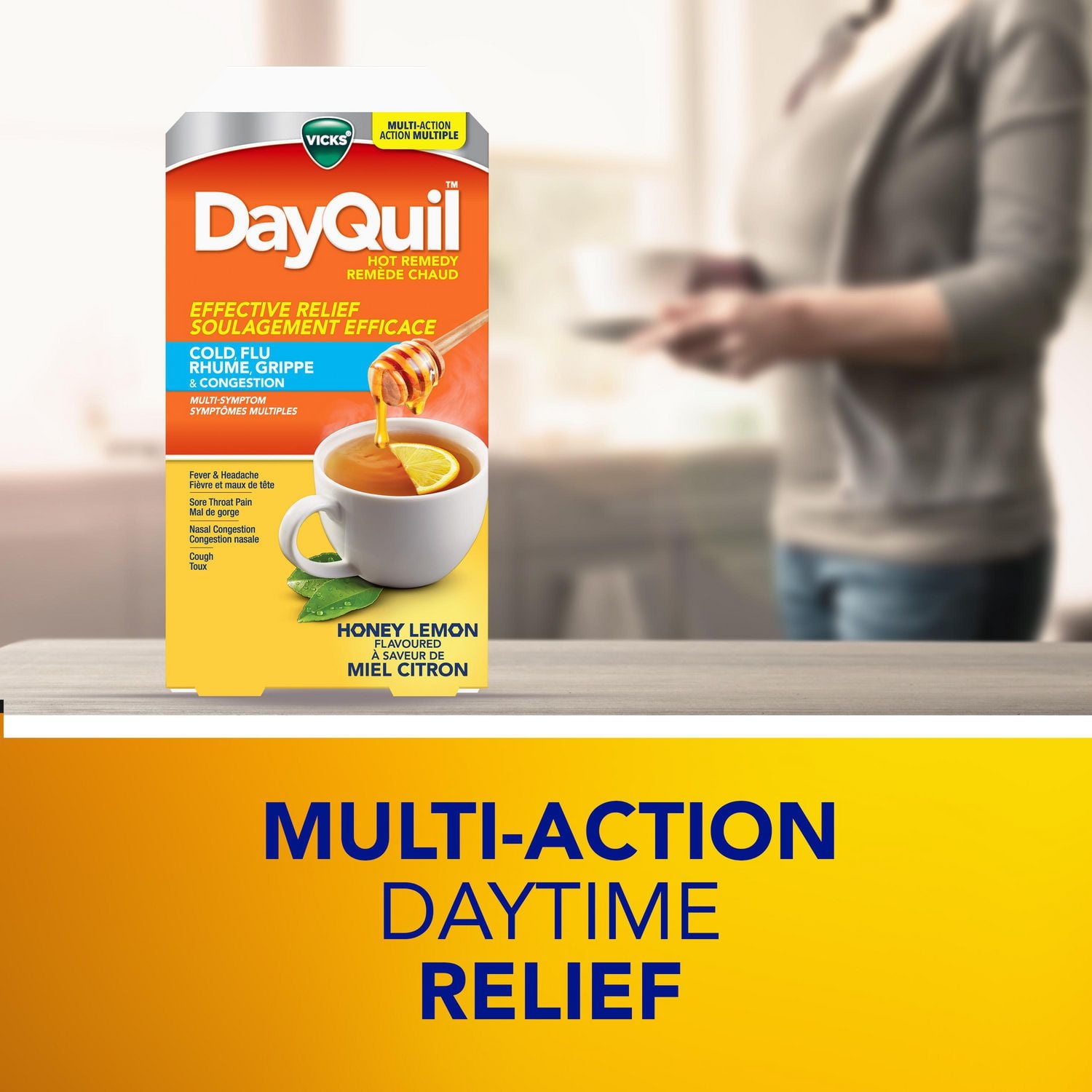 DayQuil and NyQuil Convenience Pack Hot Remedy Cold, Flu & Congestion Medicine, Daytime & Nighttime, Relief for Fever & Headache, Sore Throat Pain, Nasal Congestion, Cough, Multi-Action, Honey Lemon Flavoured, 16 Powder Packets, 16CT
