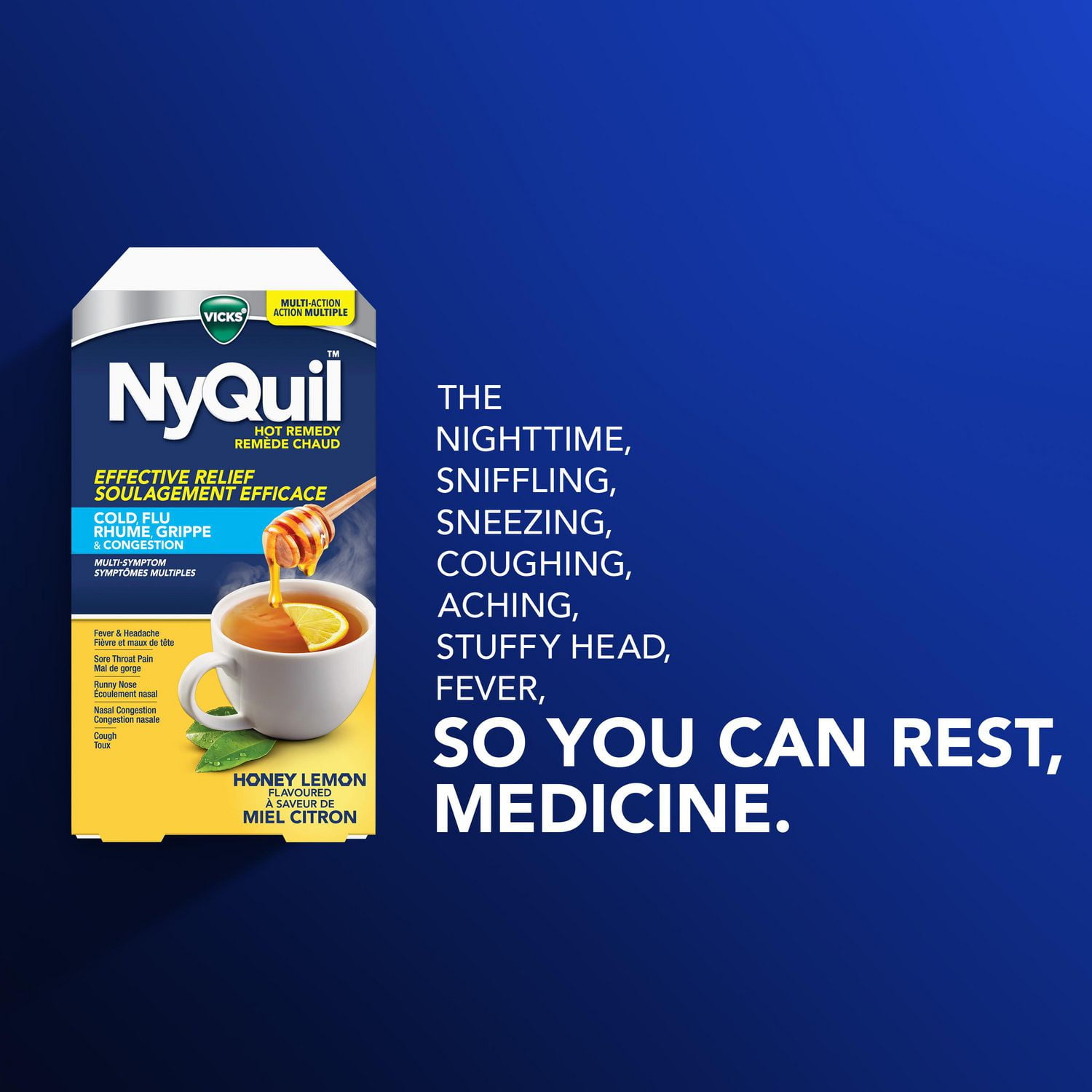 DayQuil and NyQuil Convenience Pack Hot Remedy Cold, Flu & Congestion Medicine, Daytime & Nighttime, Relief for Fever & Headache, Sore Throat Pain, Nasal Congestion, Cough, Multi-Action, Honey Lemon Flavoured, 16 Powder Packets, 16CT