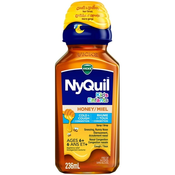 VICKS Kids NyQuil Honey Cold & Cough + Congestion Relief for Nighttime Sneezing, Runny Nose, Nasal Congestion & Cough, Flavored with Real Honey, For Children Ages 6+, 236ML