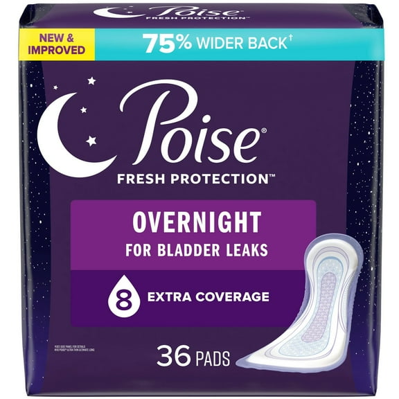 Poise Incontinence Pads for Women, 8 Drop, Overnight Absorbency, Extra-Coverage, 36Ct
