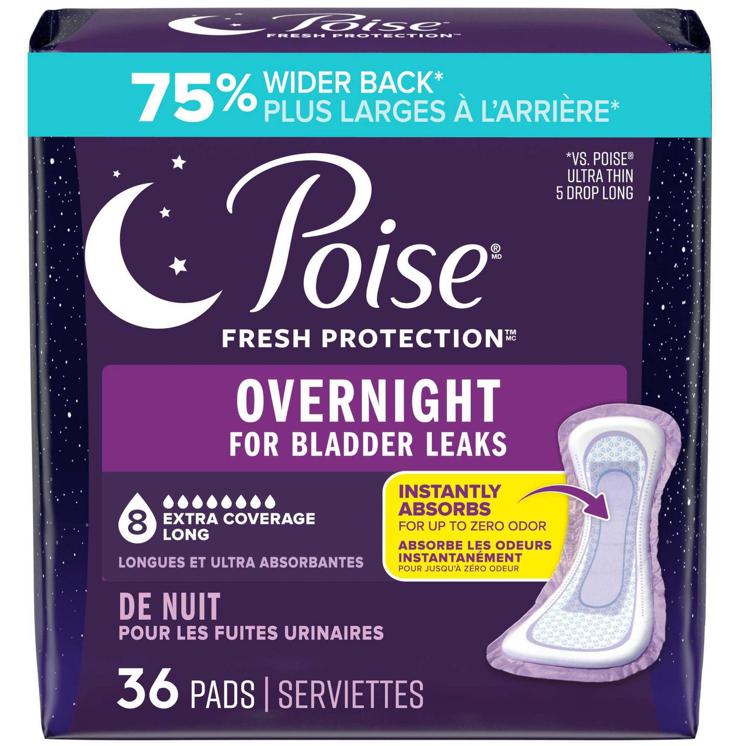 Serviettes d’incontinence de nuit pour fuites urinaires en période post-partum Poise, protection accrue à 8 gouttes, 36 pièces