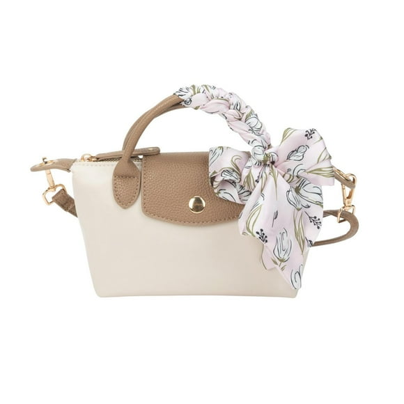 Time & Tru Mini Satchel Handbag, White and Beige Color-block, Lightweight Design with Removable Floral Print Scarf, Adjustable Strap, Inner Zipper Pocket