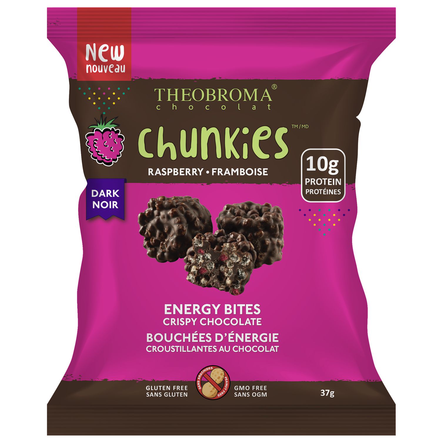 60% DARK RASPBERRY ENERGY BITES CRISPY CHOCOLATE CHUNKIES, Dark chocolate &  raspberry chunk energy bites