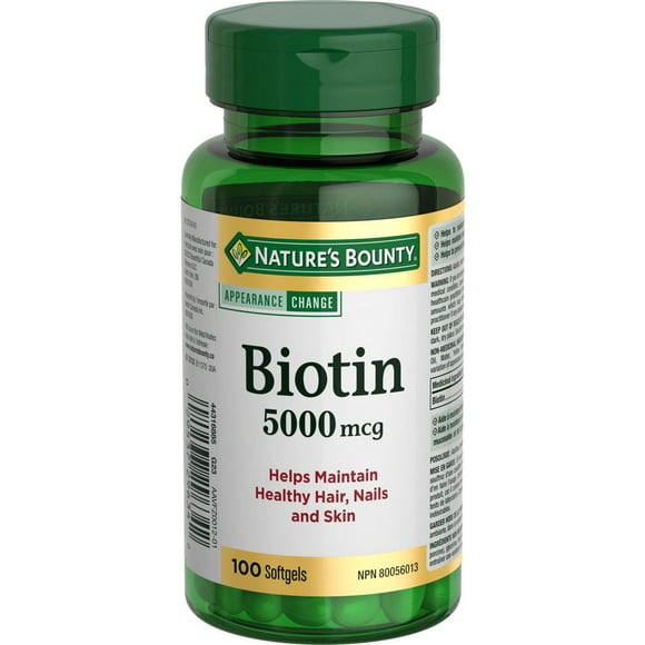 NATURE'S BOUNTY Biotine 5 000 mcg, supplément, aide au maintien de la santé des cheveux, de la peau et des ongles, 100 gélules 100.0 pack 100 capsules molles